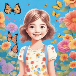 A detailed illustration of a young girl with a cheerful expression, standing in a beautiful garden filled with colorful flowers and butterflies under a bright blue sky