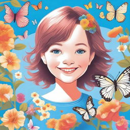 A detailed illustration of a young girl with a cheerful expression, standing in a beautiful garden filled with colorful flowers and butterflies under a bright blue sky