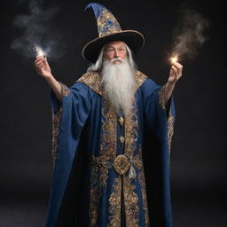 A powerful wizard, donned in intricate robes and hat, vigorously casting a spell that materializes into a beam of shimmering, magical beans.