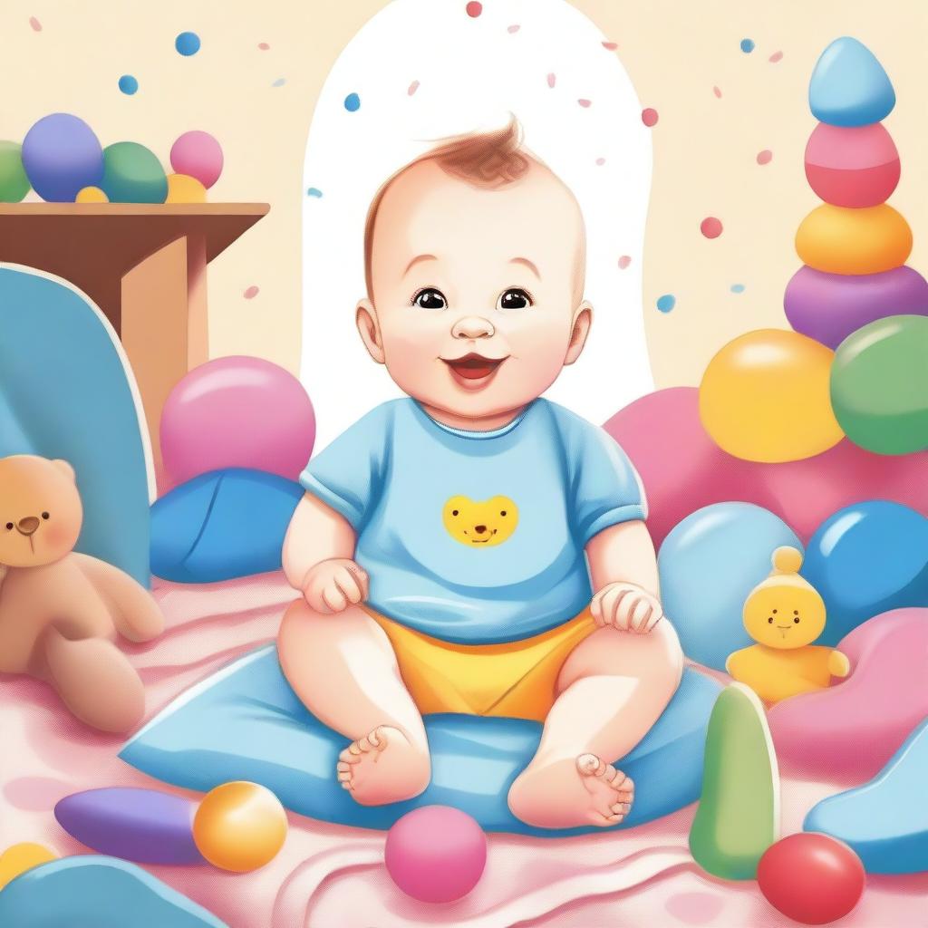 A detailed illustration of a cute baby with a joyful expression, sitting on a soft blanket surrounded by colorful toys in a cozy and warm room