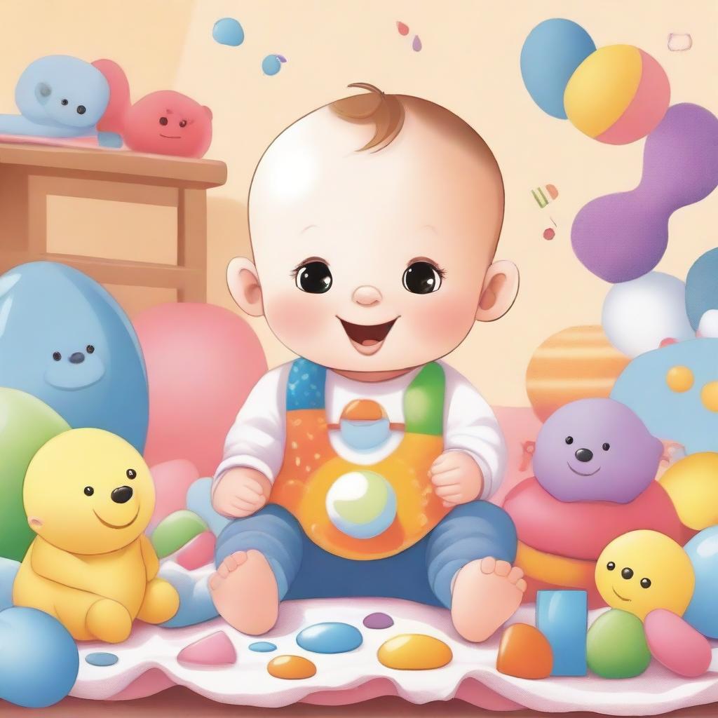 A detailed illustration of a cute baby with a joyful expression, sitting on a soft blanket surrounded by colorful toys in a cozy and warm room