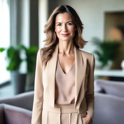 A tasteful and elegant portrait of a confident and stylish woman in her mid-30s, dressed in a fashionable outfit, standing in a modern and chic living room