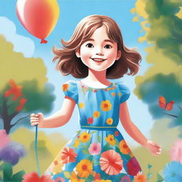 A detailed illustration of a young girl with a joyful expression, playing in a park filled with vibrant flowers, trees, and a clear blue sky