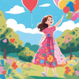 A detailed illustration of a young girl with a joyful expression, playing in a park filled with vibrant flowers, trees, and a clear blue sky