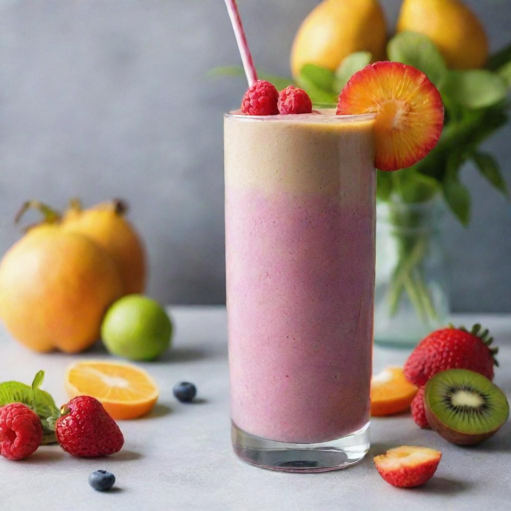 An appetizing image of a smoothie, filled with a blend of colorful fruits and served in a tall glass, garnished with a straw and fresh fruits on top.