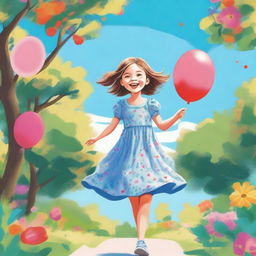 A detailed illustration of a young girl with a joyful expression, playing in a park filled with vibrant flowers, trees, and a clear blue sky