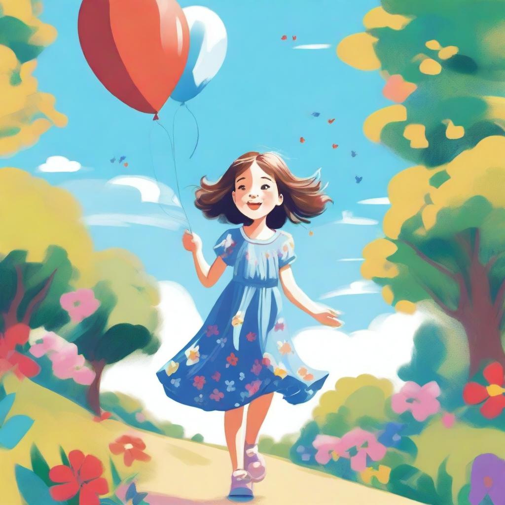 A detailed illustration of a young girl with a joyful expression, playing in a park filled with vibrant flowers, trees, and a clear blue sky