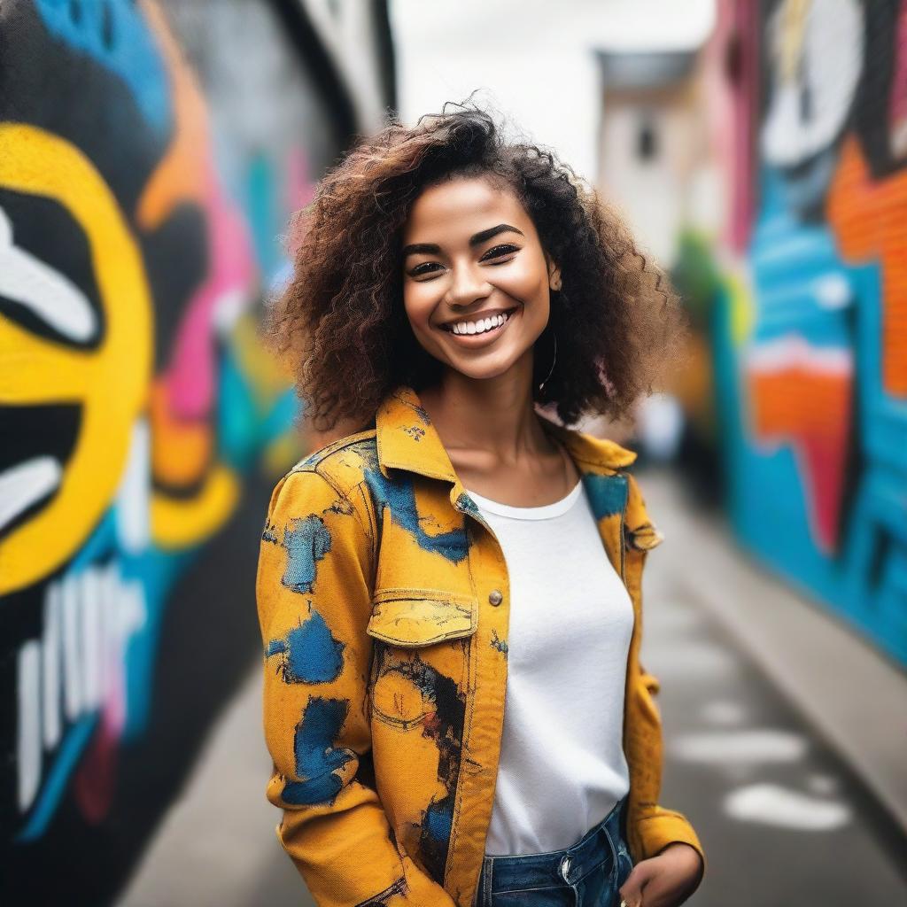 A stylish and confident young woman in trendy clothing, posing with a charismatic smile against a vibrant urban backdrop filled with street art and bustling city life