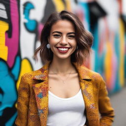 A stylish and confident young woman in trendy clothing, posing with a charismatic smile against a vibrant urban backdrop filled with street art and bustling city life