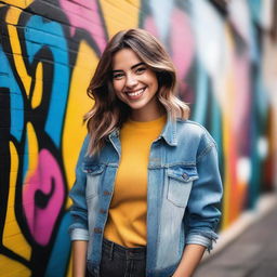 A stylish and confident young woman in trendy clothing, posing with a charismatic smile against a vibrant urban backdrop filled with street art and bustling city life