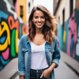 A stylish and confident young woman in trendy clothing, posing with a charismatic smile against a vibrant urban backdrop filled with street art and bustling city life