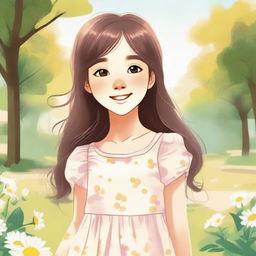 A detailed illustration of a young girl with a cheerful expression