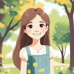 A detailed illustration of a young girl with a cheerful expression