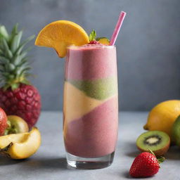 An appetizing image of a smoothie, filled with a blend of colorful fruits and served in a tall glass, garnished with a straw and fresh fruits on top.