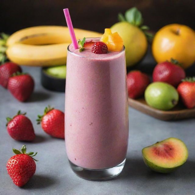 An appetizing image of a smoothie, filled with a blend of colorful fruits and served in a tall glass, garnished with a straw and fresh fruits on top.