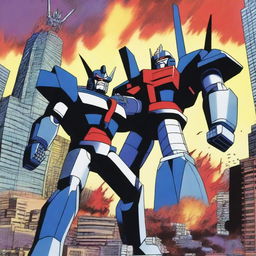 A dramatic battle scene featuring Mazinger Z fighting against Mecha Godzilla