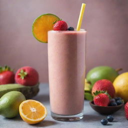 An appetizing image of a smoothie, filled with a blend of colorful fruits and served in a tall glass, garnished with a straw and fresh fruits on top.