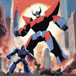 A dramatic battle scene featuring Mazinger Z fighting against Mecha Godzilla