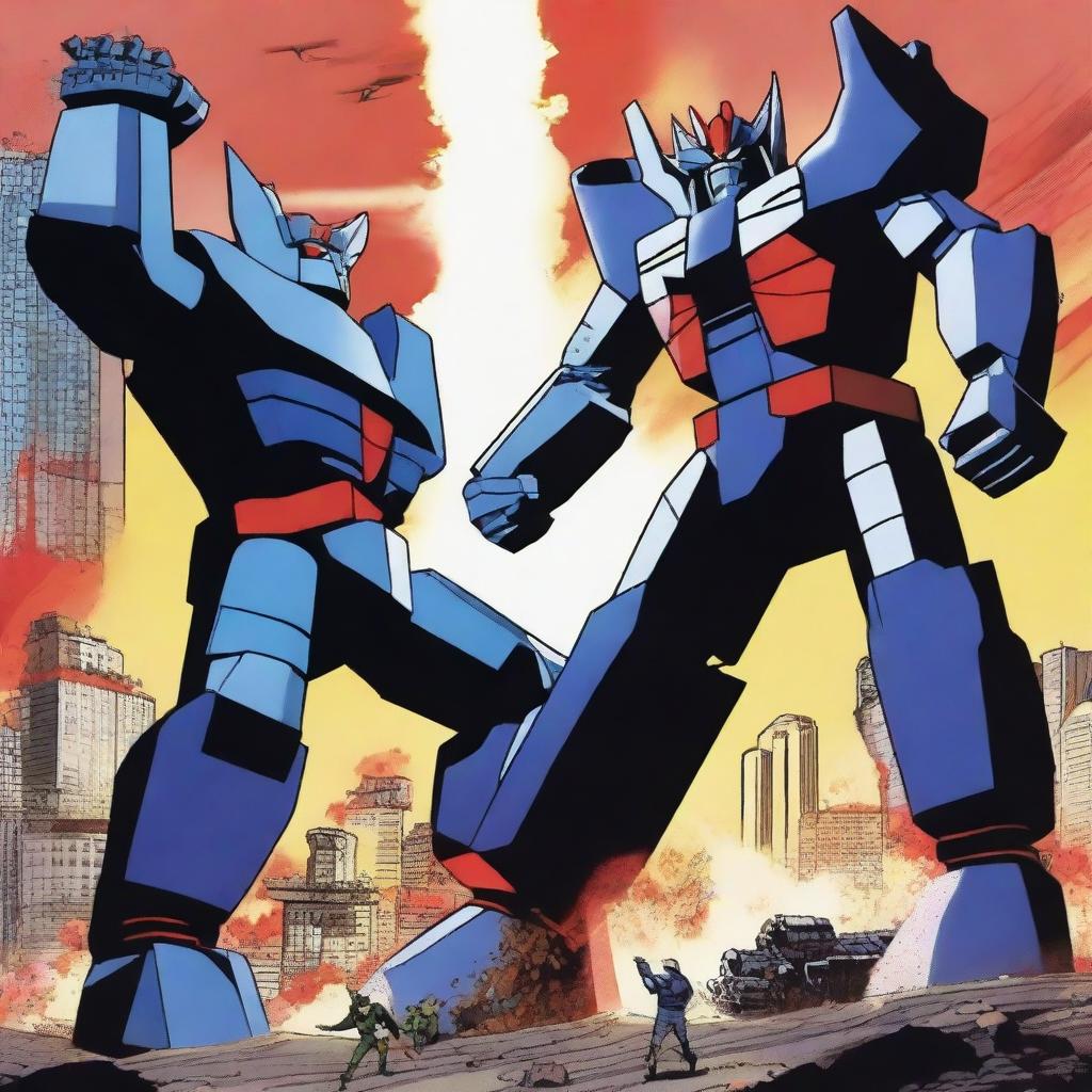 A thrilling battle scene featuring Mazinger fighting Mecha Godzilla in a futuristic cityscape