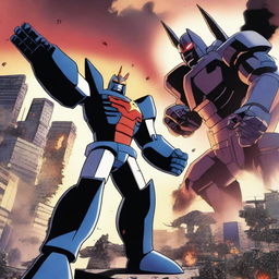 A thrilling battle scene featuring Mazinger fighting Mecha Godzilla in a futuristic cityscape