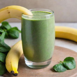 A delectable image of a banana and spinach smoothie, showcasing the smooth, creamy texture and vibrant green color served in a glass, garnished with a slice of banana.