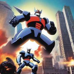 A thrilling battle scene featuring Mazinger fighting Mecha Godzilla in a futuristic cityscape