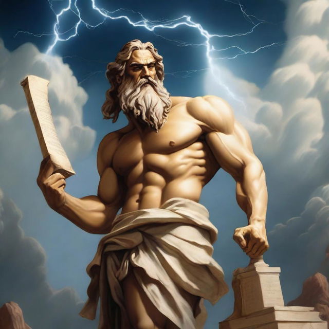 The god Zeus, depicted with his iconic lightning bolt, holds a scroll with the writings of cartel77