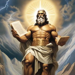 The god Zeus, depicted with his iconic lightning bolt, holds a scroll with the writings of cartel77