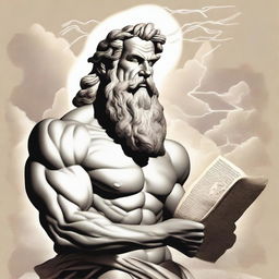 The god Zeus, depicted with his iconic lightning bolt, holds a scroll with the writings of cartel77