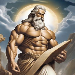 The god Zeus, depicted with his iconic lightning bolt, holds a scroll with the writings of cartel77