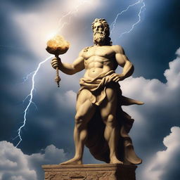 The god Zeus, depicted with his iconic thunderbolt, is holding a scroll with 'cartel77's writings' inscribed on it