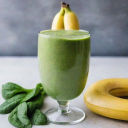 A delectable image of a banana and spinach smoothie, showcasing the smooth, creamy texture and vibrant green color served in a glass, garnished with a slice of banana.