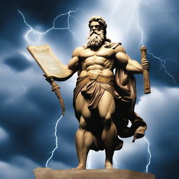 The god Zeus, depicted with his iconic thunderbolt, is holding a scroll with 'cartel77's writings' inscribed on it