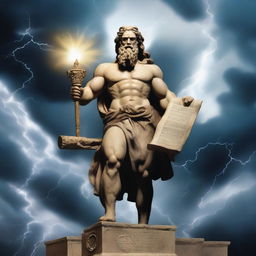 The god Zeus, depicted with his iconic thunderbolt, is holding a scroll with 'cartel77's writings' inscribed on it