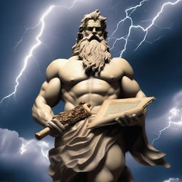 The god Zeus, depicted with his iconic thunderbolt, is holding a scroll with 'cartel77's writings' inscribed on it