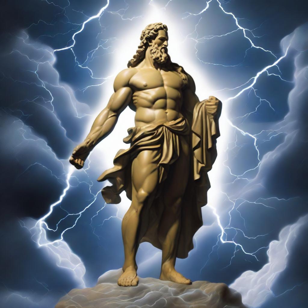 The god Zeus, holding a thunderbolt in his hand, stands powerfully on a cloud