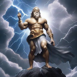 The god Zeus, holding a thunderbolt in his hand, stands powerfully on a cloud