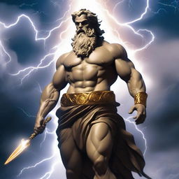 The god Zeus, holding a thunderbolt in his hand, stands powerfully on a cloud