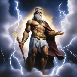 The god Zeus, holding a thunderbolt in his hand, stands powerfully on a cloud