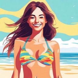 A detailed illustration of a girl in a bikini, set in a vibrant beach environment