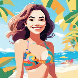 A detailed illustration of a girl in a bikini, set in a vibrant beach environment