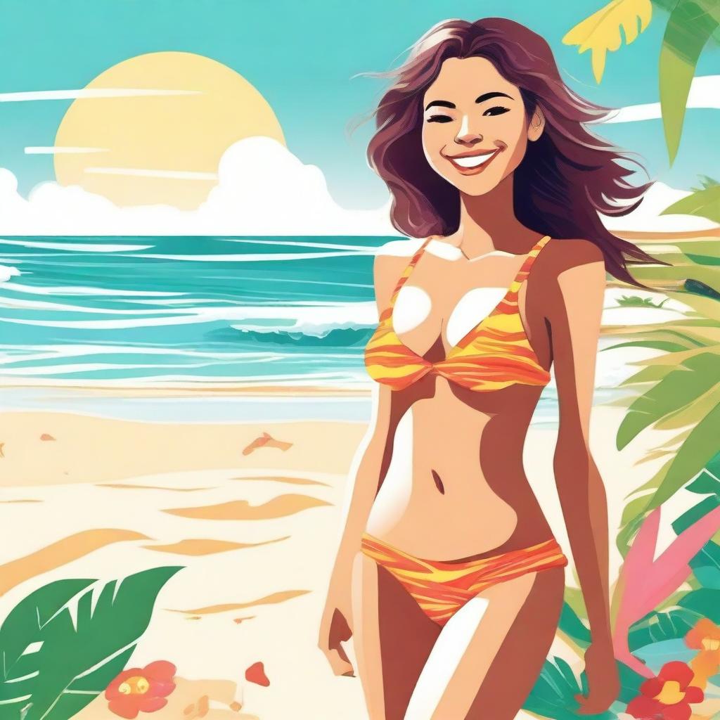 A detailed illustration of a girl in a bikini, set in a vibrant beach environment