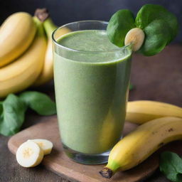 A delectable image of a banana and spinach smoothie, showcasing the smooth, creamy texture and vibrant green color served in a glass, garnished with a slice of banana.