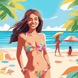 A detailed illustration of a girl in a bikini, set in a vibrant beach environment