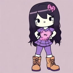 Hello Kitty with long black hair, eyelashes, dark purple jeans, brown knee-high boots, and a purple shirt with a heart cut out by the sweetheart neckline