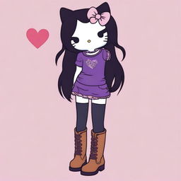 Hello Kitty with long black hair, eyelashes, dark purple jeans, brown knee-high boots, and a purple shirt with a heart cut out by the sweetheart neckline