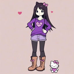 Hello Kitty with long black hair, eyelashes, dark purple jeans, brown knee-high boots, and a purple shirt with a heart cut out by the sweetheart neckline