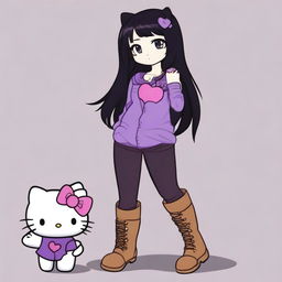 Hello Kitty with long black hair, eyelashes, dark purple jeans, brown knee-high boots, and a purple shirt with a heart cut out by the sweetheart neckline