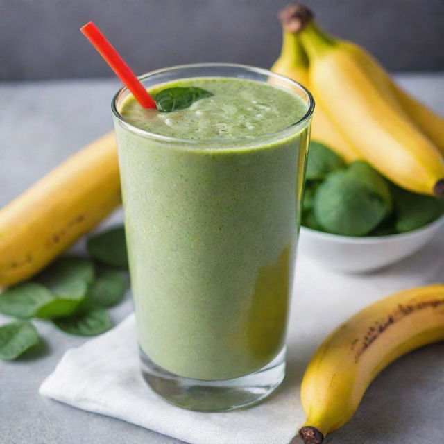 A delectable image of a banana and spinach smoothie, showcasing the smooth, creamy texture and vibrant green color served in a glass, garnished with a slice of banana.