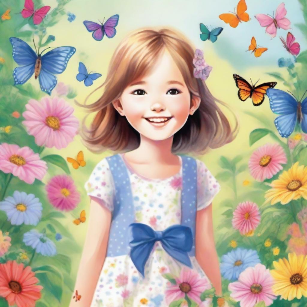 A detailed and charming illustration of a young girl with a joyful expression